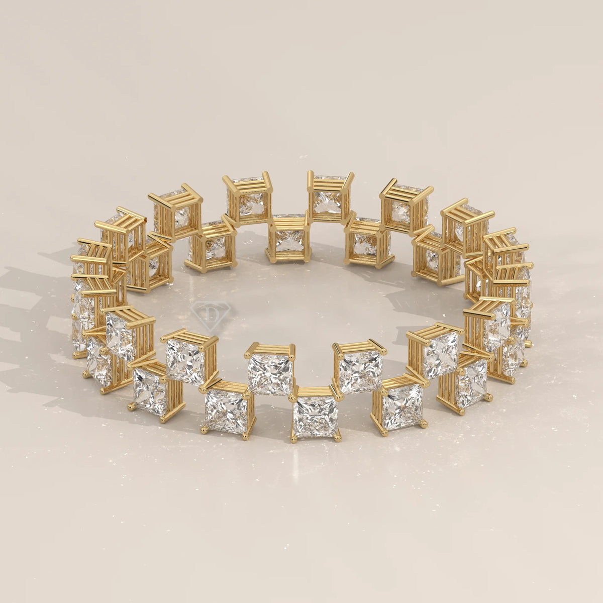 Double Row Princess Cut Diamond Checkerboard Eternity Ring in yellow gold, shown on a plain background.