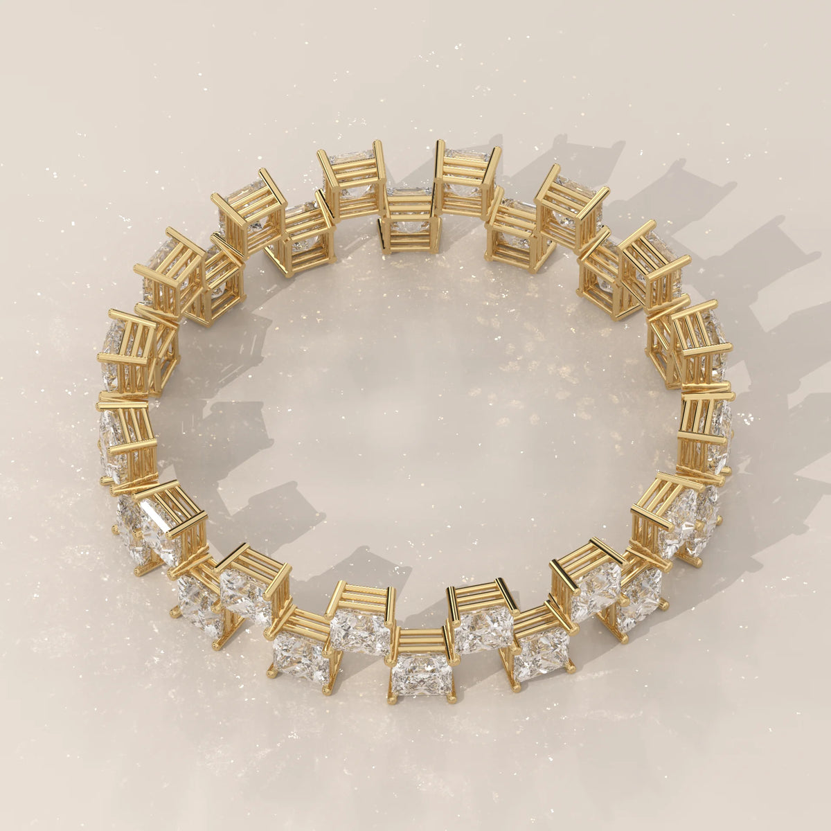 Double Row Princess Cut Diamond Checkerboard Eternity Ring in yellow gold, product photograph on a plain background.