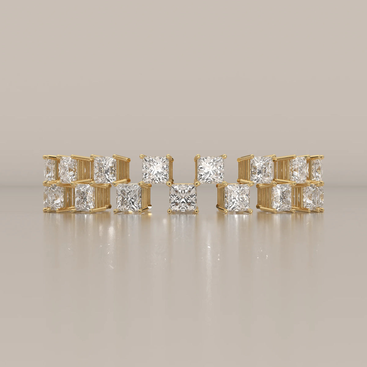 Double Row Princess Cut Diamond Checkerboard Eternity Ring in yellow gold, photographed head-on.
