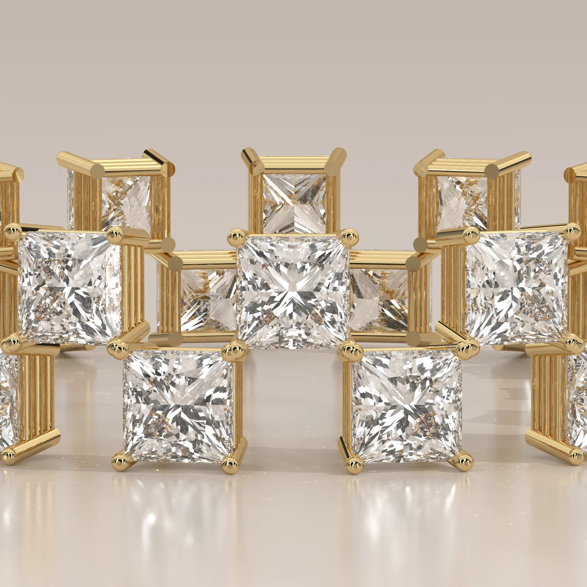 Double Row Princess Cut Diamond Checkerboard Eternity Ring in yellow gold, studio photograph on a plain background.
