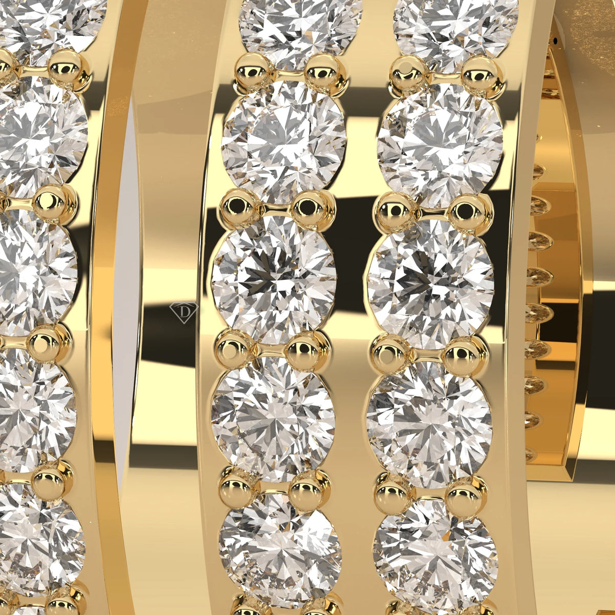 Double Row Round Lab Grown Diamond Wide Hinged Hoop Earrings in yellow gold, shown on a plain background.