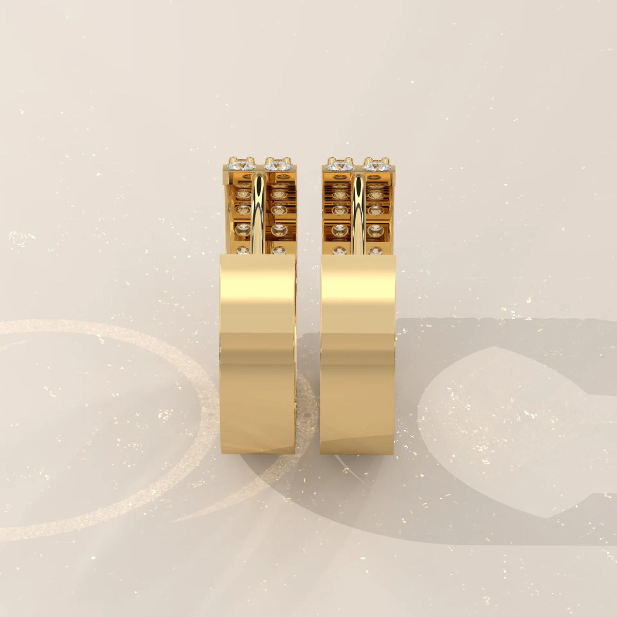 Double Row Round Lab Grown Diamond Wide Hinged Hoop Earrings in yellow gold, photographed head-on.