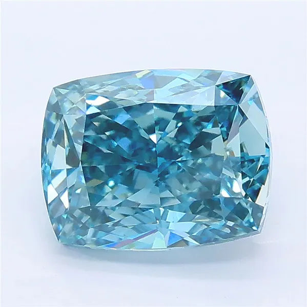 Cushion cut vivid blue lab grown diamond with brilliant facets and IGI certification.