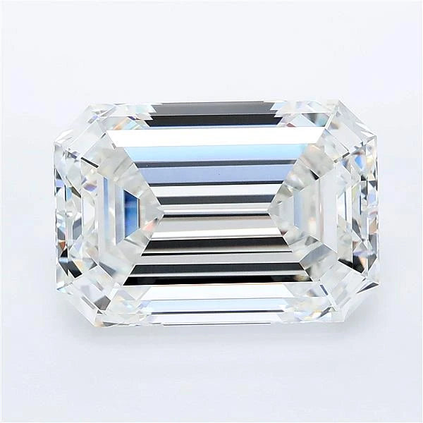 Top view of an emerald cut lab grown diamond with clear step-cut facets on a white background.