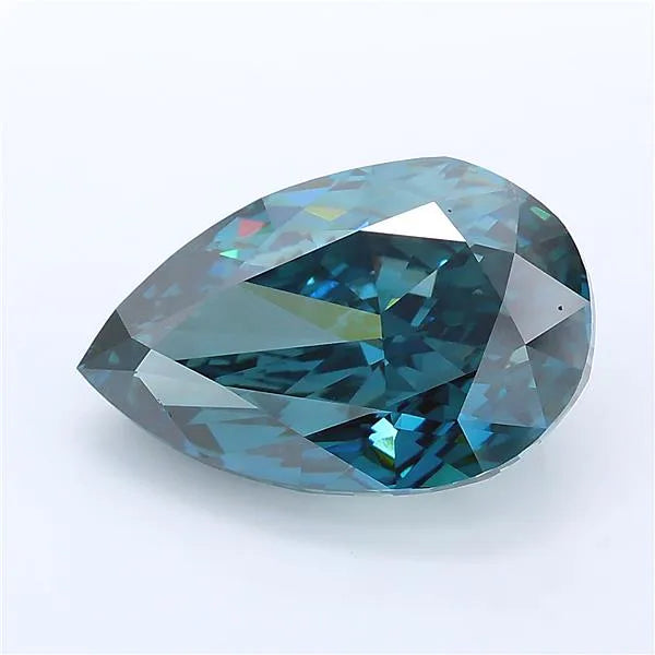 Pear cut vivid green blue lab grown diamond with brilliant facets on a white background.