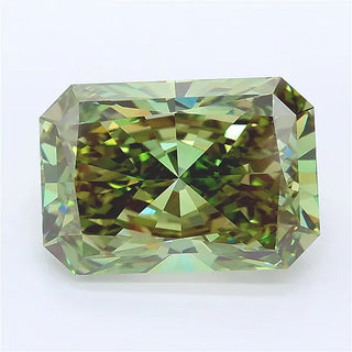 Radiant cut vivid green lab grown diamond with multi-faceted sparkle on a white background.