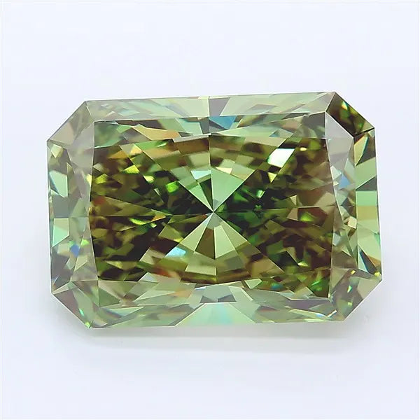 Radiant cut vivid green lab grown diamond with multi-faceted sparkle on a white background.