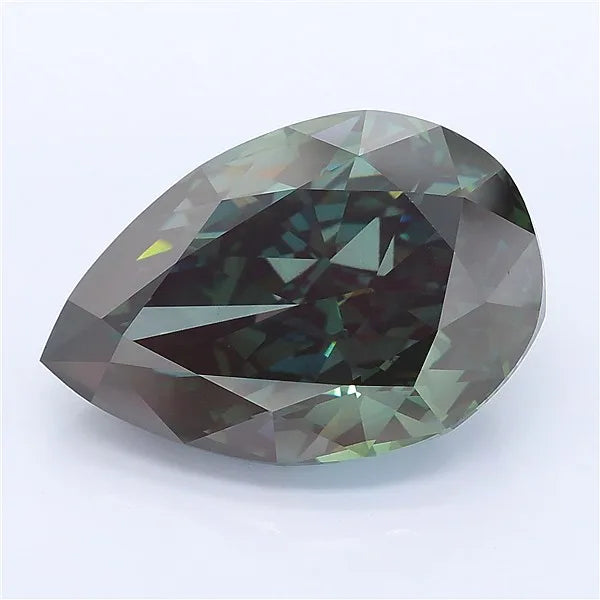 Pear cut deep green lab grown diamond with faceted brilliance on a white background.