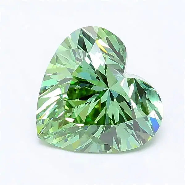 Heart cut vivid green lab grown diamond with brilliant facets and IGI certification.