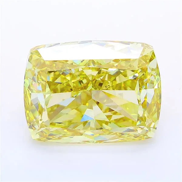 Cushion cut intense yellow lab grown diamond with brilliant facets on a white background.