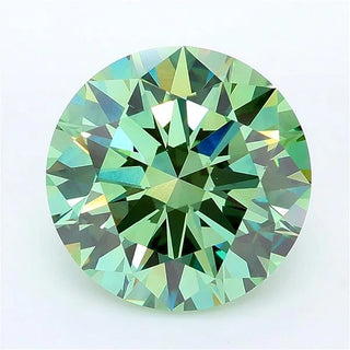 Round fancy vivid green lab grown diamond with a brilliant cut and symmetrical facets.
