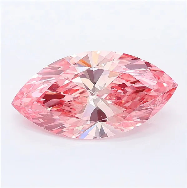 Marquise cut vivid pink lab grown diamond with symmetrical facets on a white background.