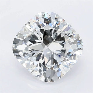 Top-down view of a cushion cut lab grown diamond with brilliant facets on a white background.