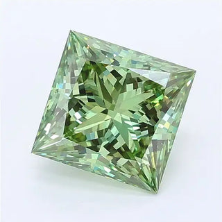 Princess cut vivid green lab grown diamond with IGI certification on a white background.