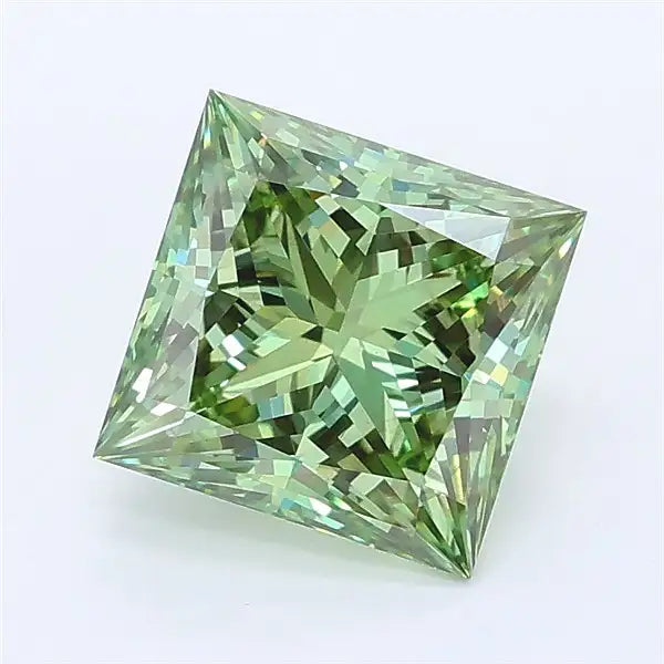 Princess cut vivid green lab grown diamond with IGI certification on a white background.