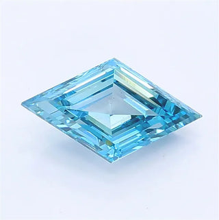 Lozenge step cut vivid blue lab grown diamond with a geometric faceted design.