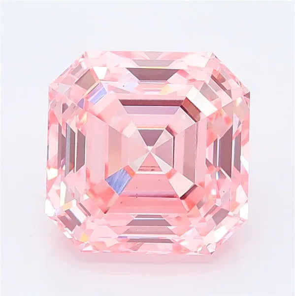 Asscher cut vivid pink lab grown diamond with step-cut facets and symmetrical square shape.