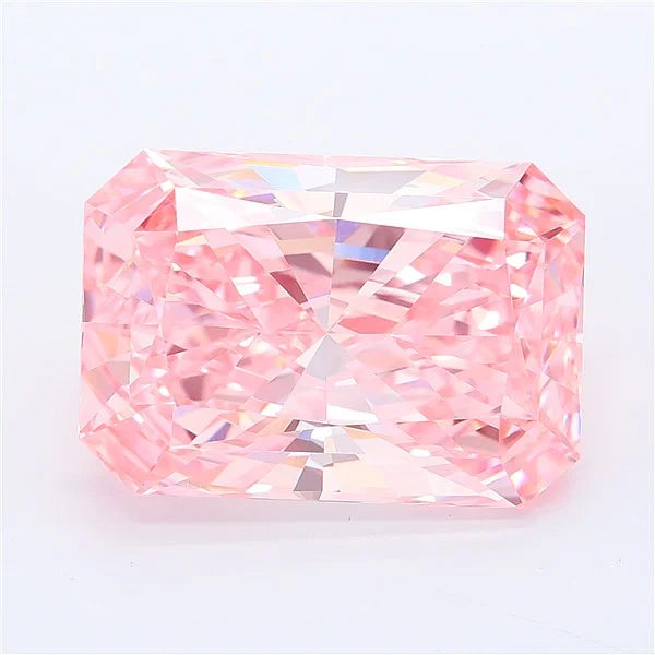 Radiant cut vivid pink lab grown diamond with exceptional clarity and sparkle.