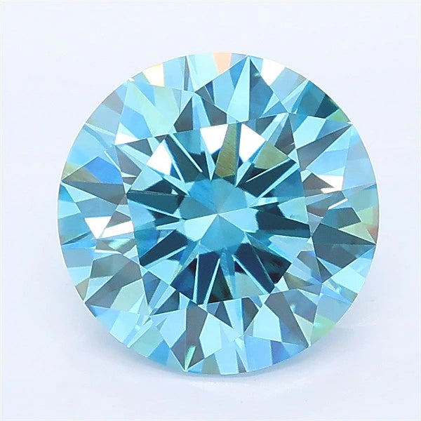 Round fancy vivid blue lab grown diamond with an excellent cut and brilliant facets.