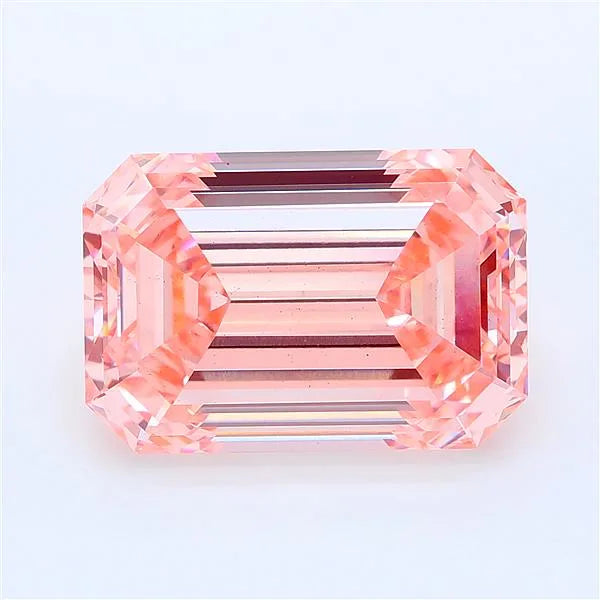 Emerald cut vivid pink lab grown diamond with step-cut facets and IGI certification.