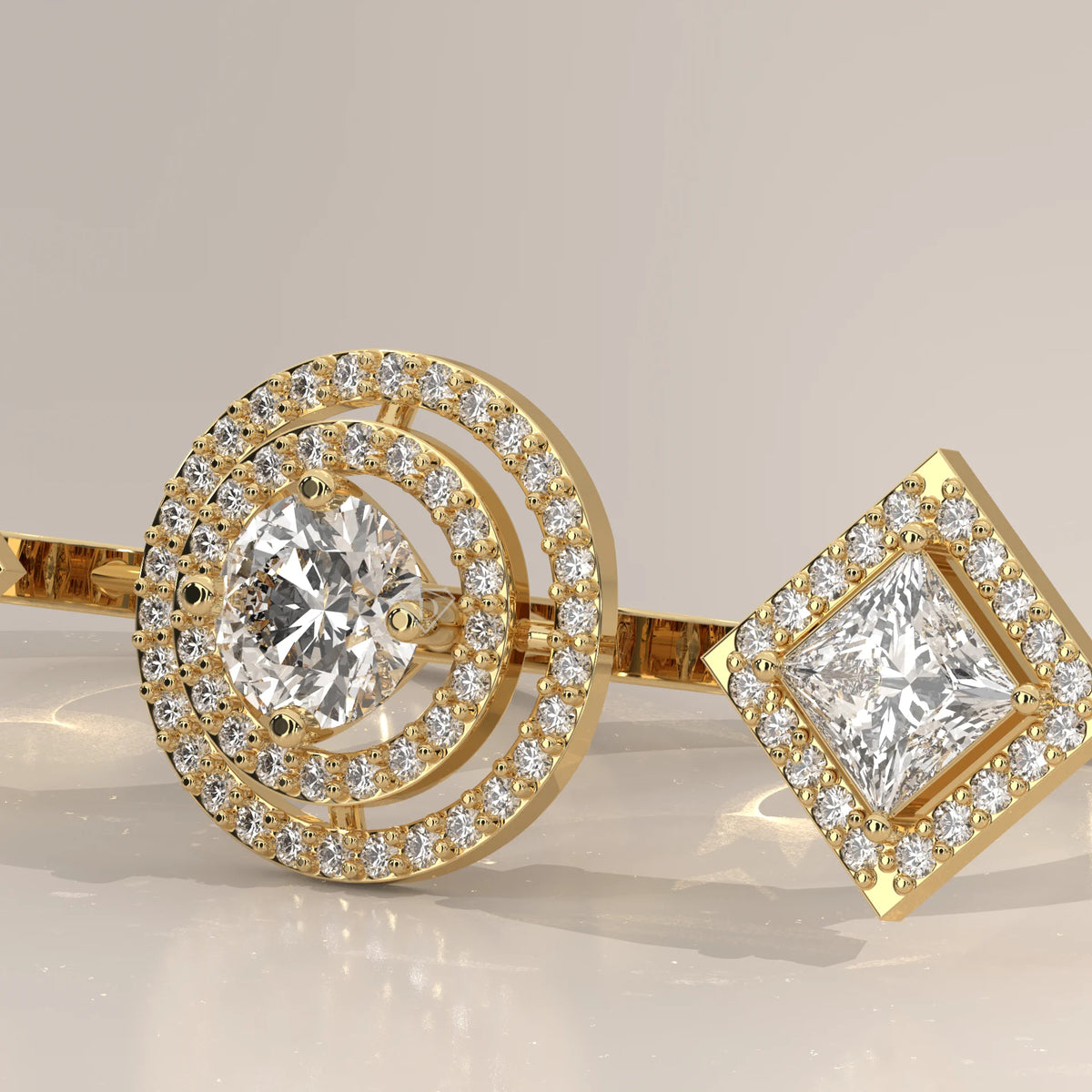 Round Double Halo Lab Grown Diamond Two Finger Ring with Princess Ends in yellow gold, side profile view.