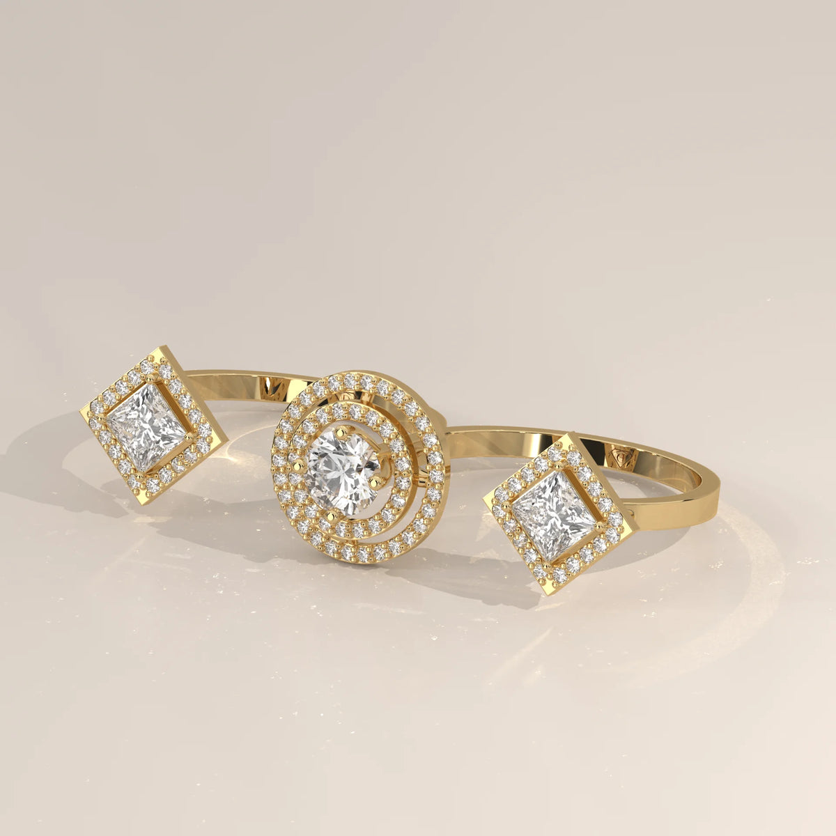 Round Double Halo Lab Grown Diamond Two Finger Ring with Princess Ends in yellow gold, front view on a plain background.