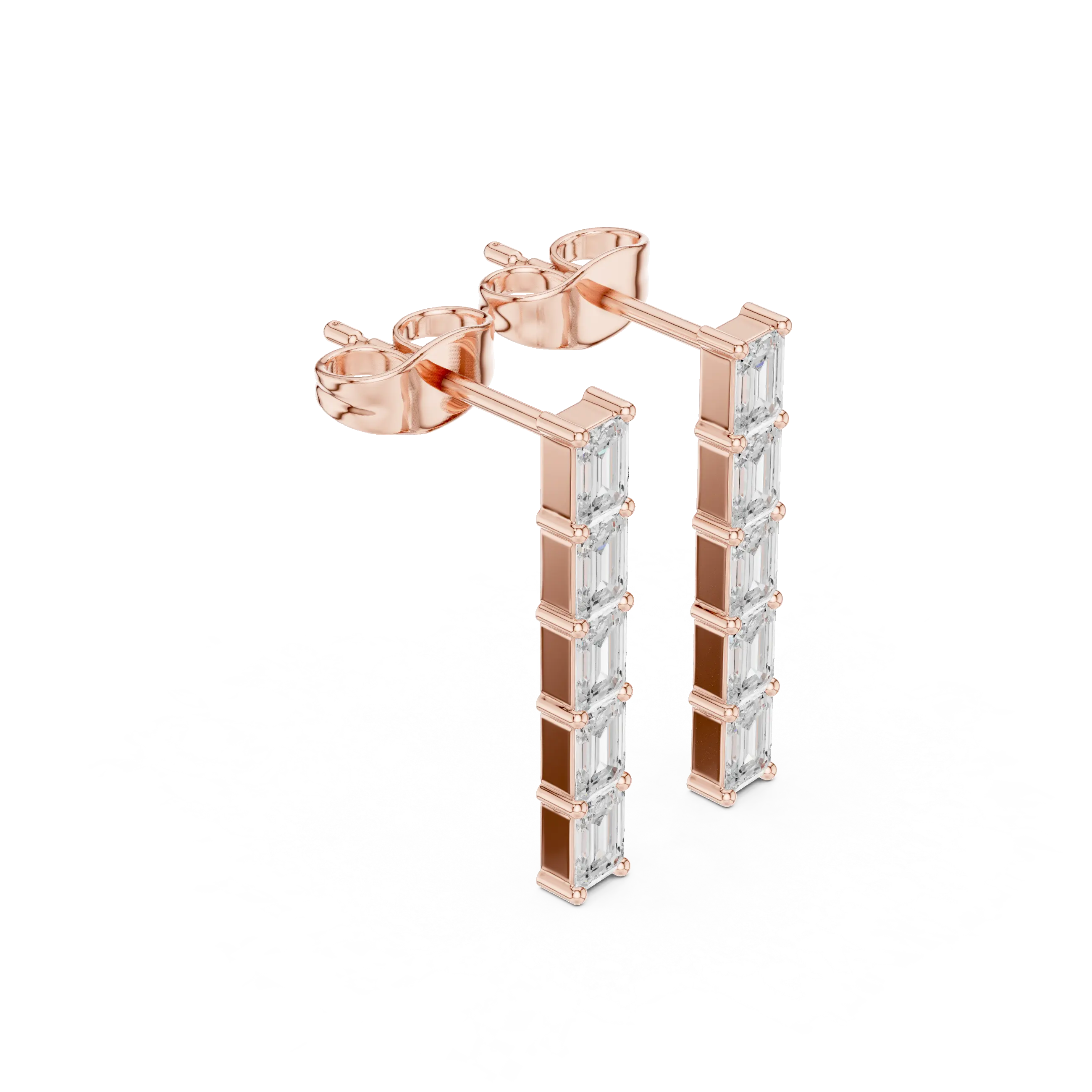 Three-quarter View: Baguette Diamond Earrings with Channel Setting in 14k Rose Gold - Lab Grown - Driona Jewels