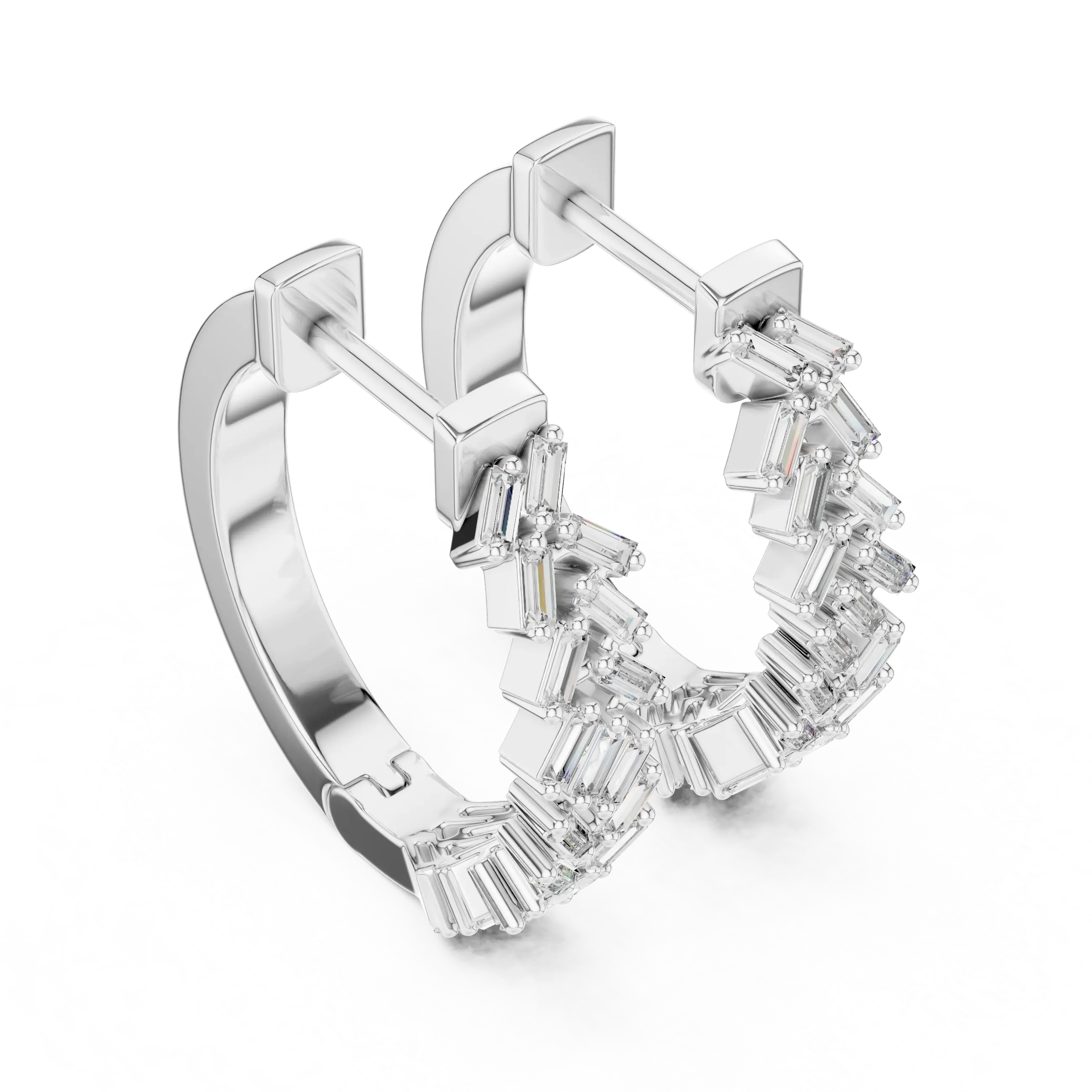 Three-quarter-view: Baguette Diamond Earring with Channel Setting in 14k White Gold - Lab Grown - Driona Jewels