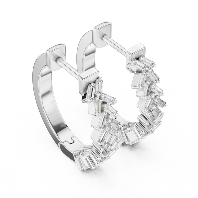 Three-quarter-view: Baguette Diamond Earring with Channel Setting in 14k White Gold - Lab Grown - Driona Jewels