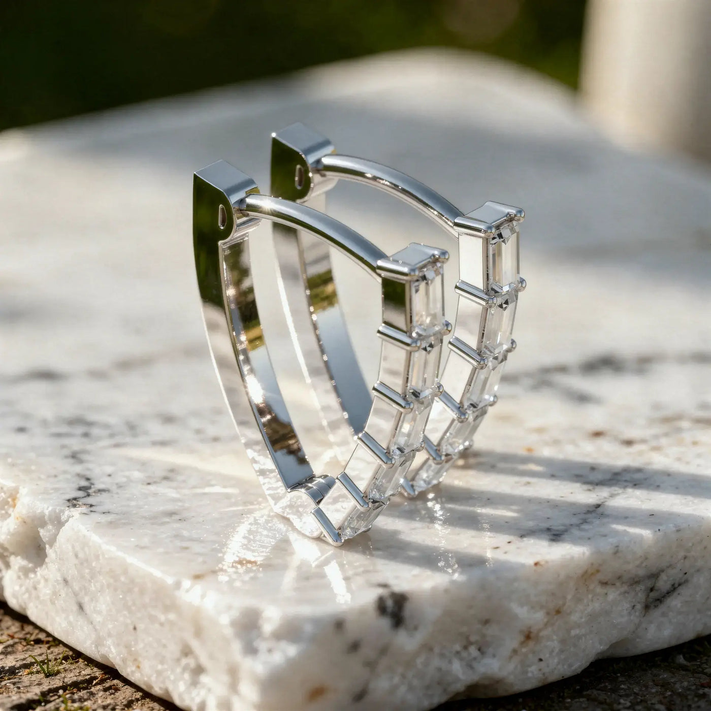 Three-quarter-view: Emerald Cut Diamond Earrings with Channel Setting in 925 Silver - Lab Grown - Driona Jewels