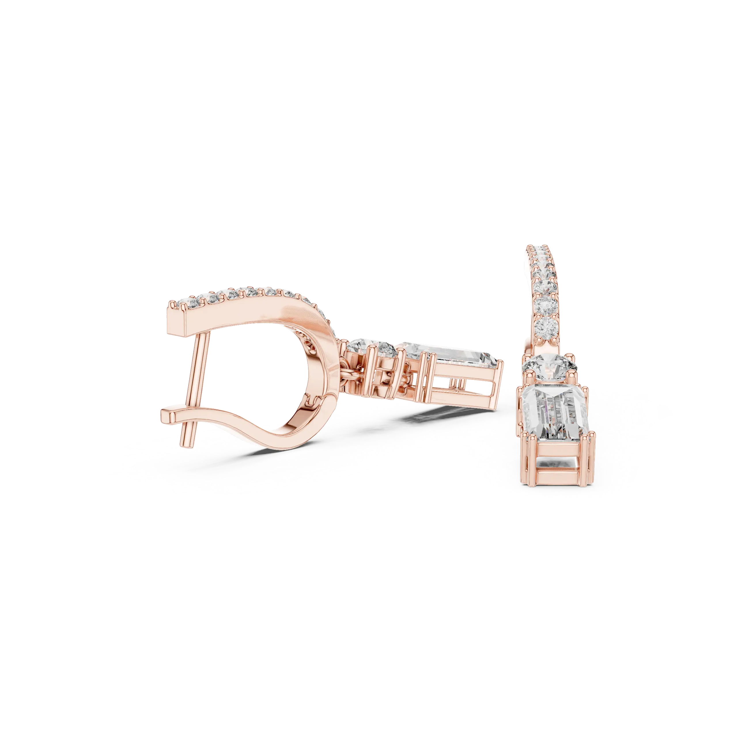 Pair Shot: Emerald Cut Diamond Earrings with Halo Setting in 14k Rose Gold - Lab Grown - Driona Jewels