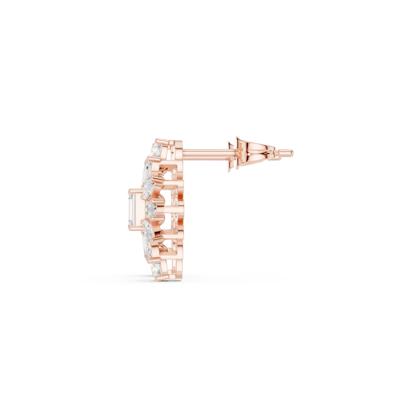 Side-Profile: Emerald Cut Diamond Earring with Halo Setting in 14k Rose Gold - Lab Grown - Driona Jewels