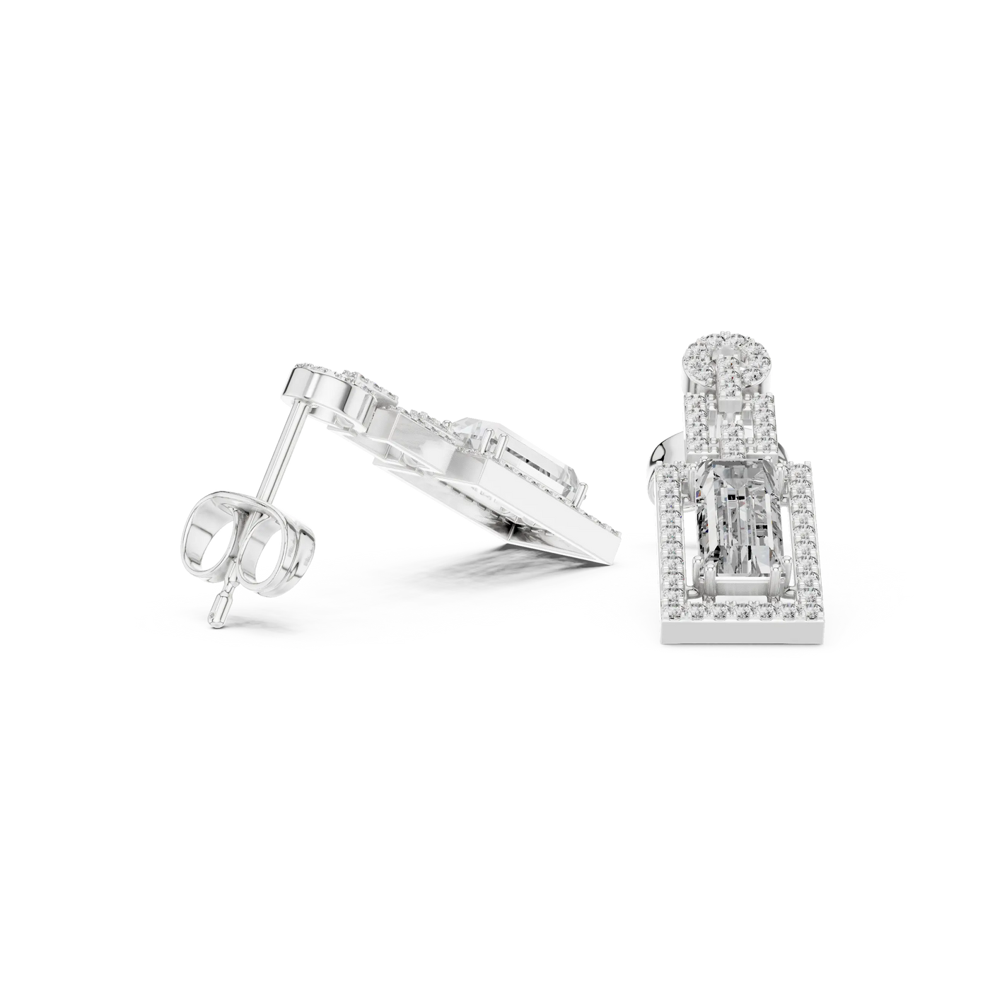 Pair-shot: Emerald Cut Diamond Earrings with Halo Setting in 14k White Gold - Lab Grown - Driona Jewels