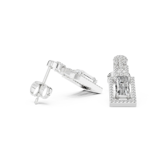 Pair-shot: Emerald Cut Diamond Earrings with Halo Setting in 14k White Gold - Lab Grown - Driona Jewels