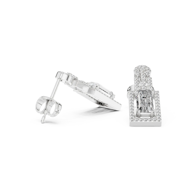 Pair-shot: Emerald Cut Diamond Earrings with Halo Setting in 14k White Gold - Lab Grown - Driona Jewels