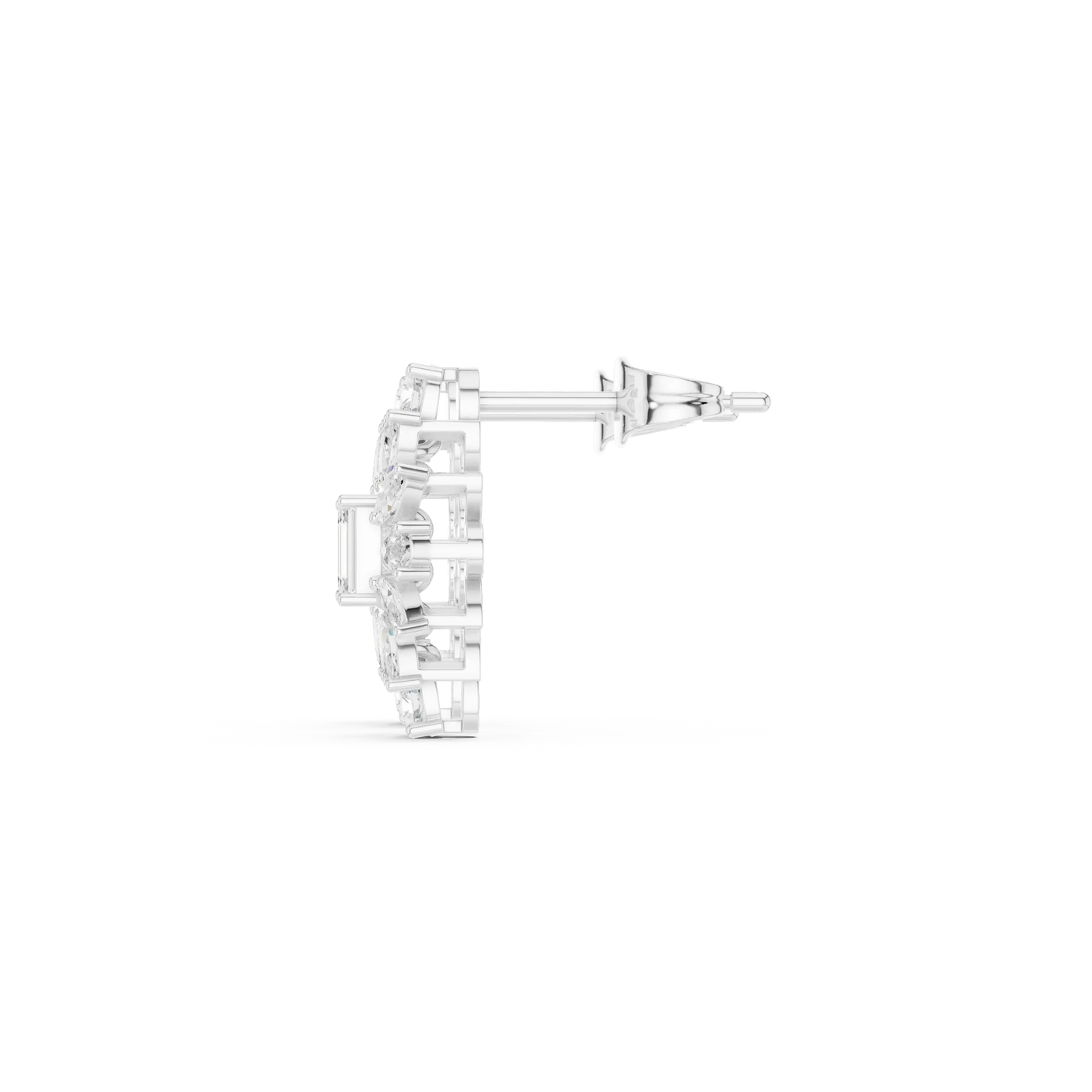 Side-Profile: Emerald Cut Diamond Earring with Halo Setting in 14k White Gold - Lab Grown - Driona Jewels