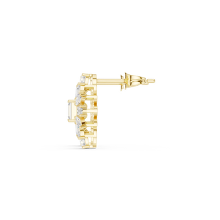 Side-Profile: Emerald Cut Diamond Earring with Halo Setting in 14k Yellow Gold - Lab Grown - Driona Jewels
