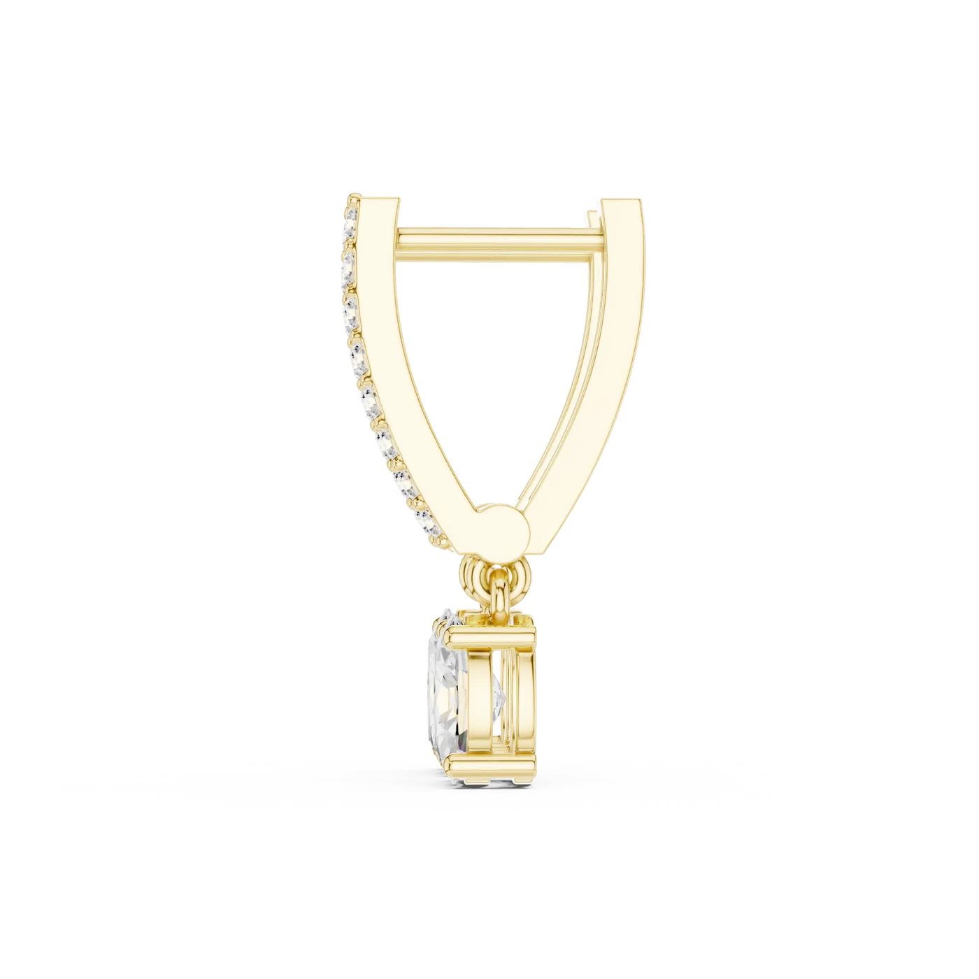 Three-quarter-view: Emerald Cut Diamond Earring with Halo Setting in 14k Yellow Gold - Lab Grown - Driona Jewels