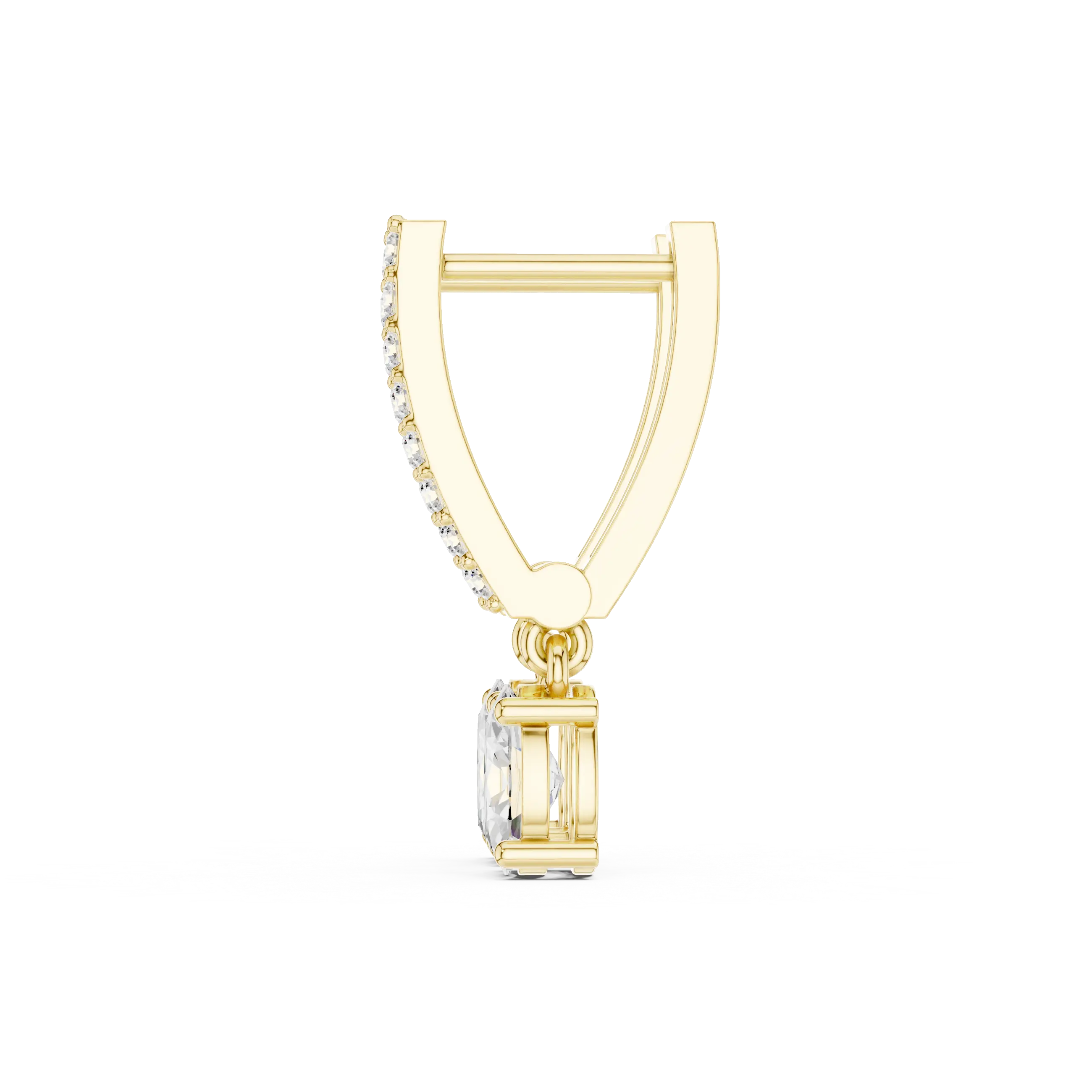 Three-quarter-view: Emerald Cut Diamond Earring with Halo Setting in 14k Yellow Gold - Lab Grown - Driona Jewels