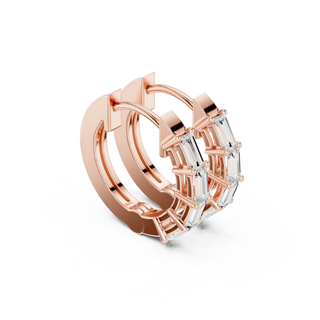Three-quarter View: Emerald Cut Diamond Earrings with Hoop Setting in 14k Rose Gold - Lab Grown - Driona Jewels