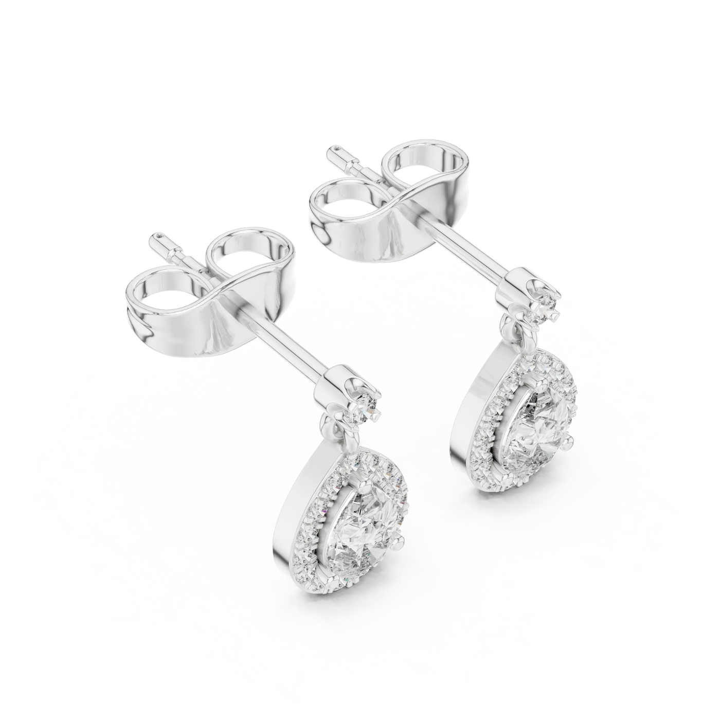 Pair-Shot: Pear Cut Diamond Earrings with Halo Setting in 14k White Gold - Lab Grown - Driona Jewels