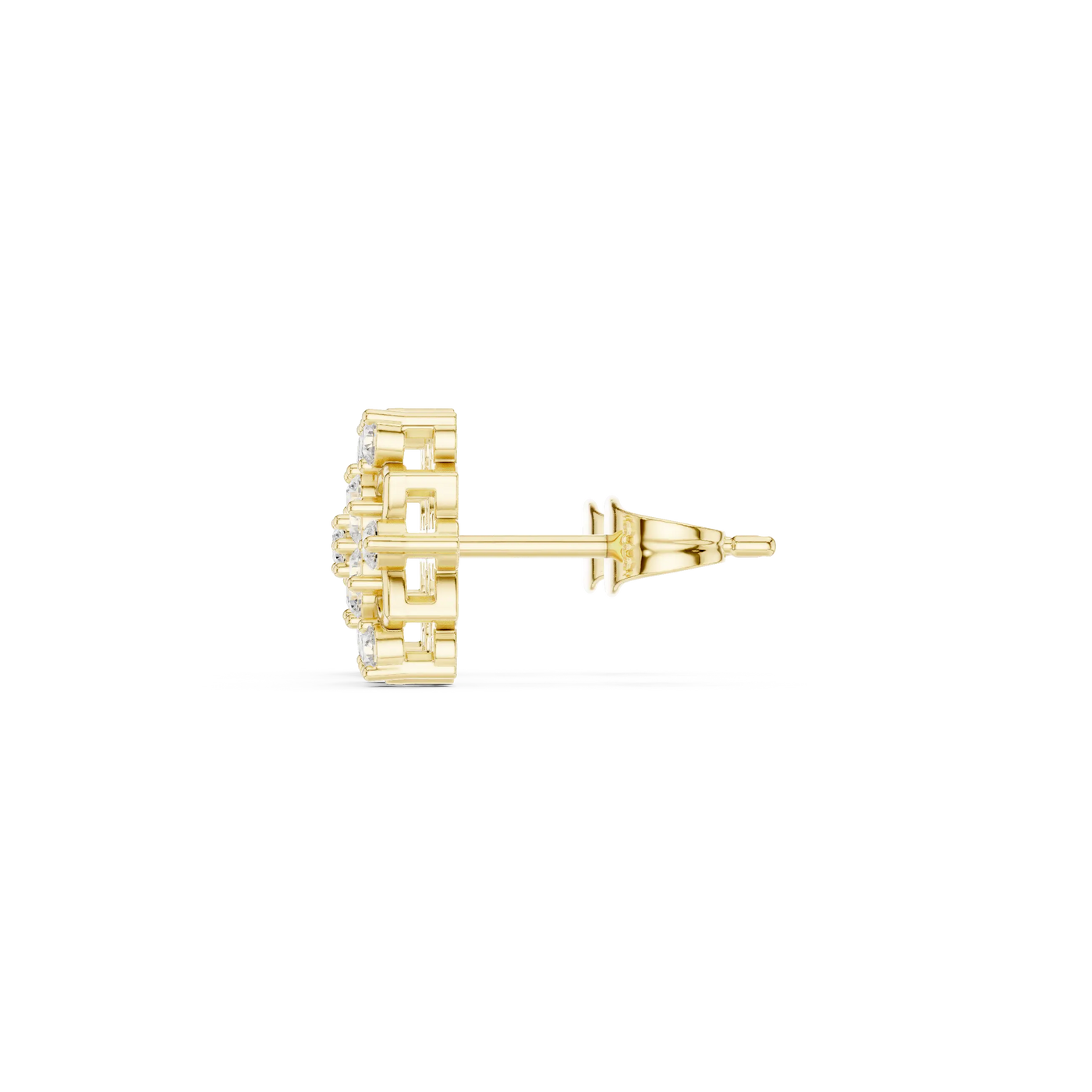 Side-Profile: Round Diamond Earring with Cluster Setting in 14k Yellow Gold - Lab Grown - Driona Jewels