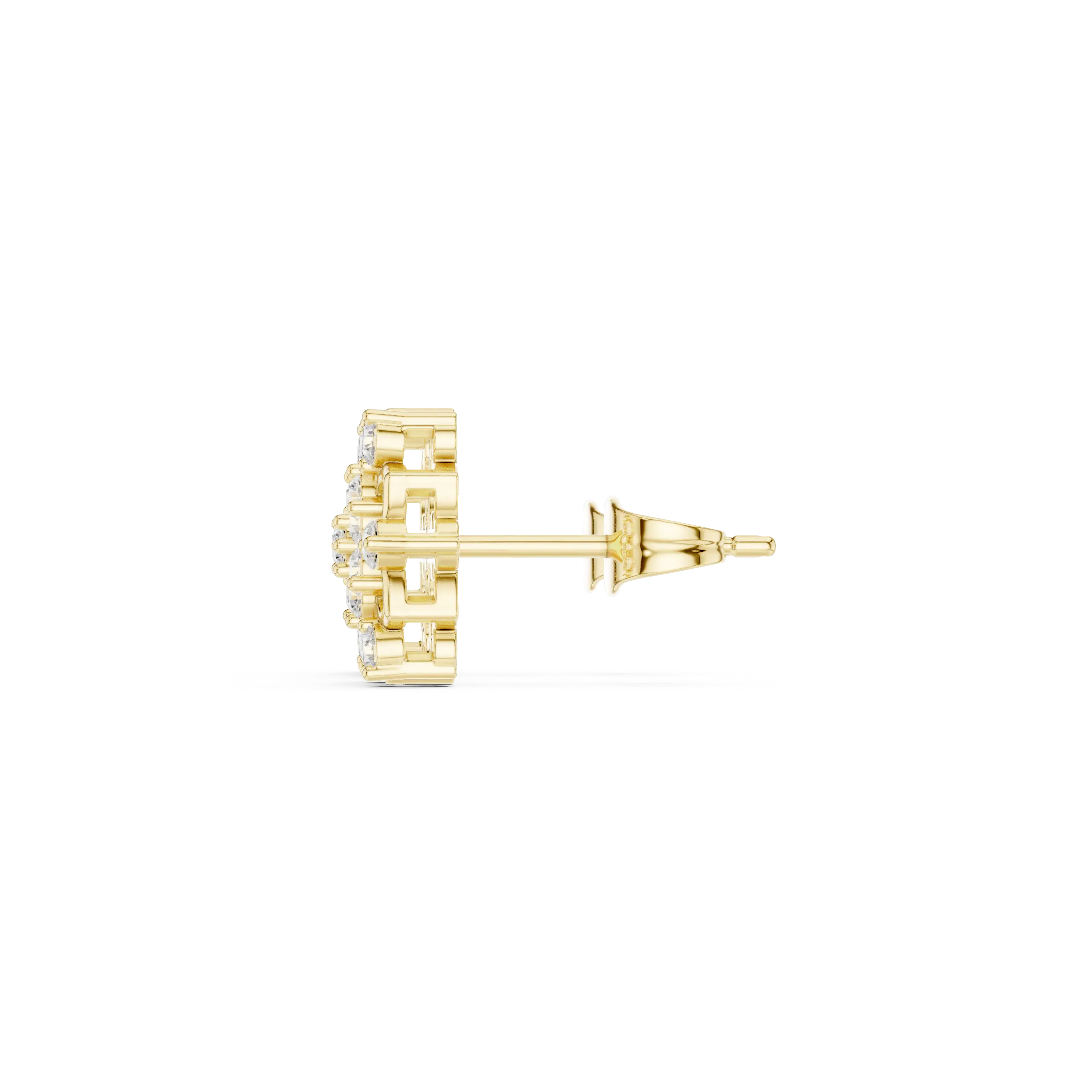 Side-Profile: Round Diamond Earring with Cluster Setting in 14k Yellow Gold - Lab Grown - Driona Jewels