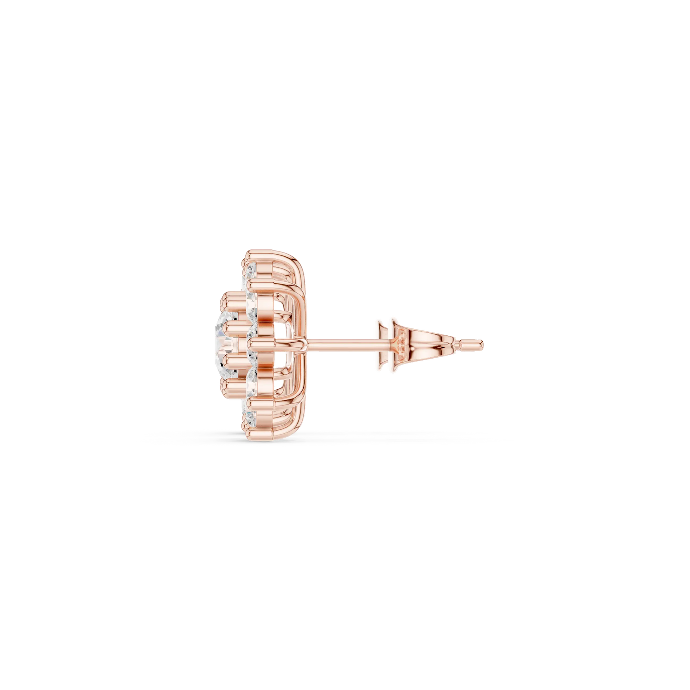 Side-Profile: Round Diamond Earring with Halo Setting in 14k Rose Gold - Lab Grown - Driona Jewels