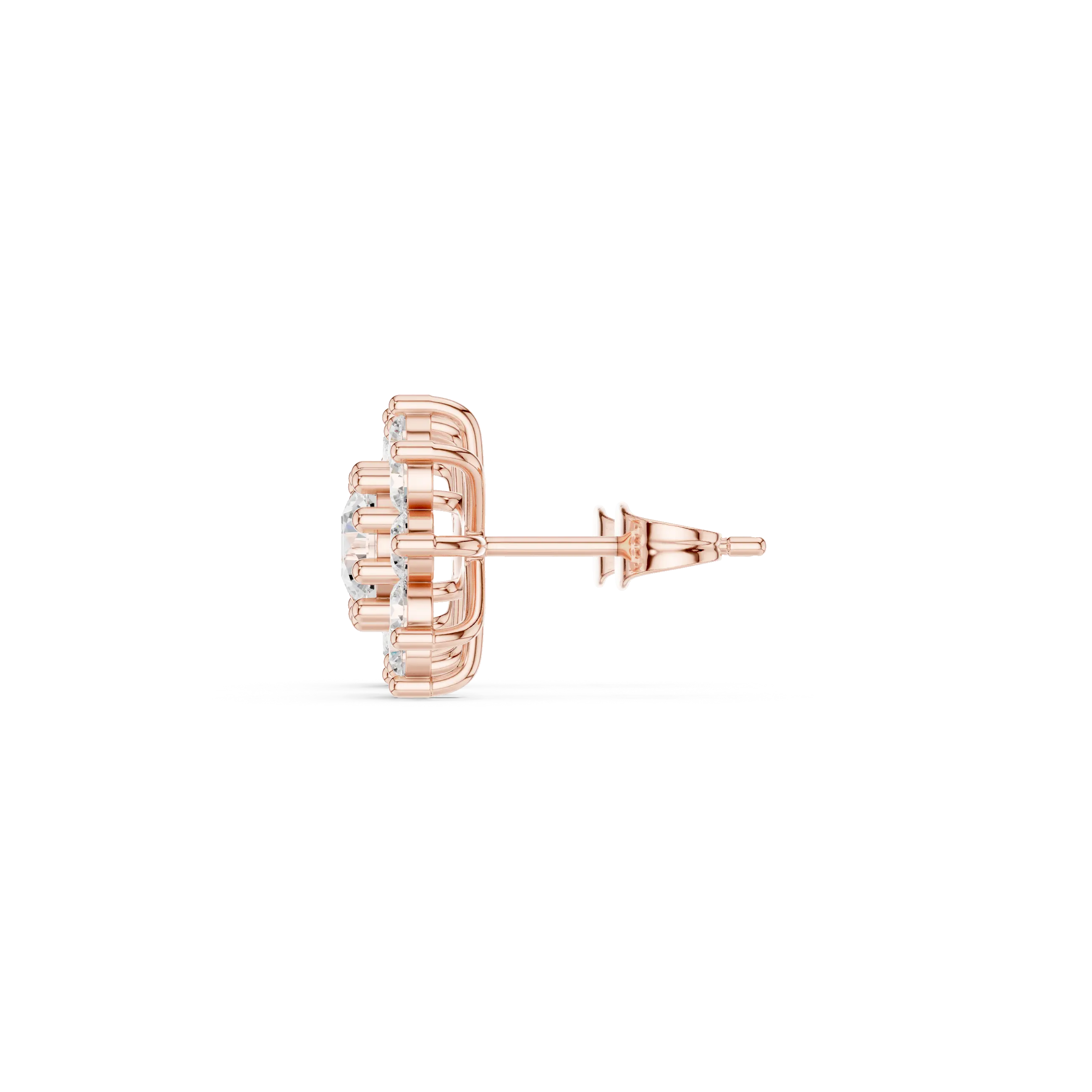 Side-Profile: Round Diamond Earring with Halo Setting in 14k Rose Gold - Lab Grown - Driona Jewels