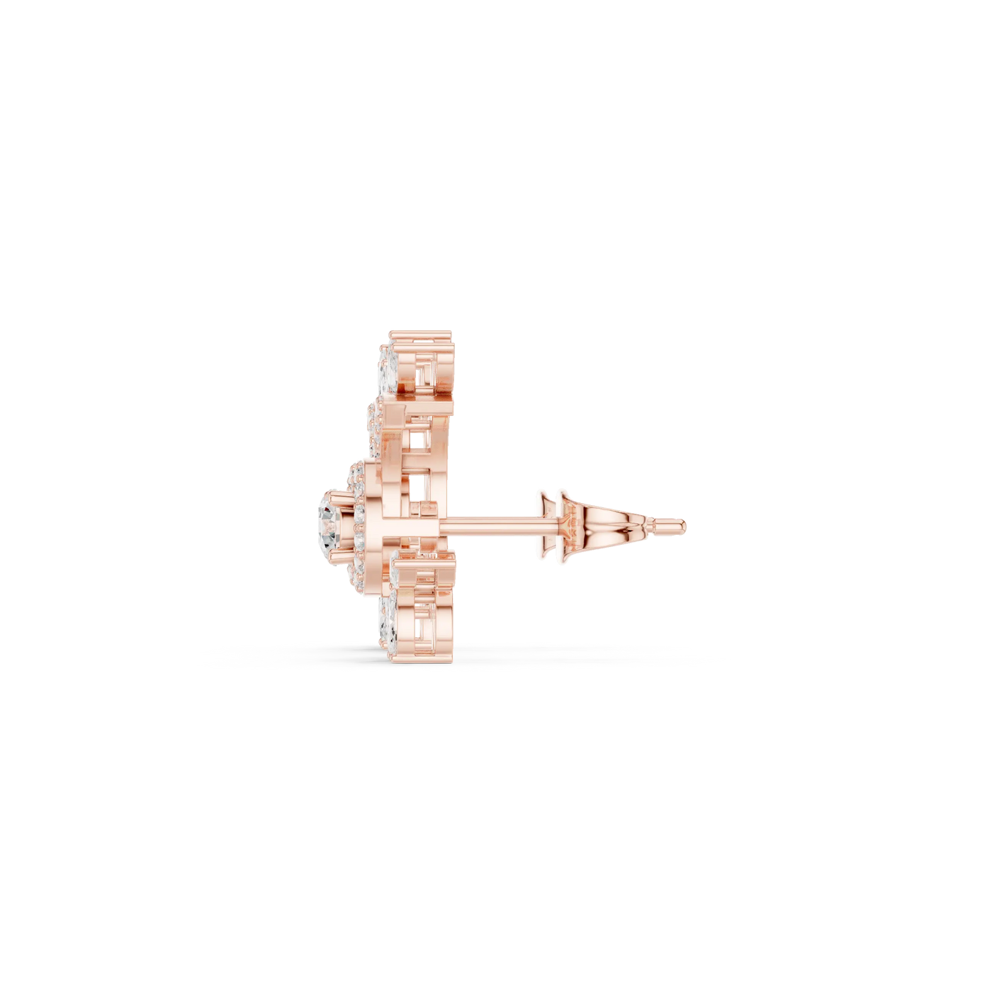 Side-Profile: Round Diamond Earring with Halo Setting in 14k Rose Gold - Lab Grown - Driona Jewels