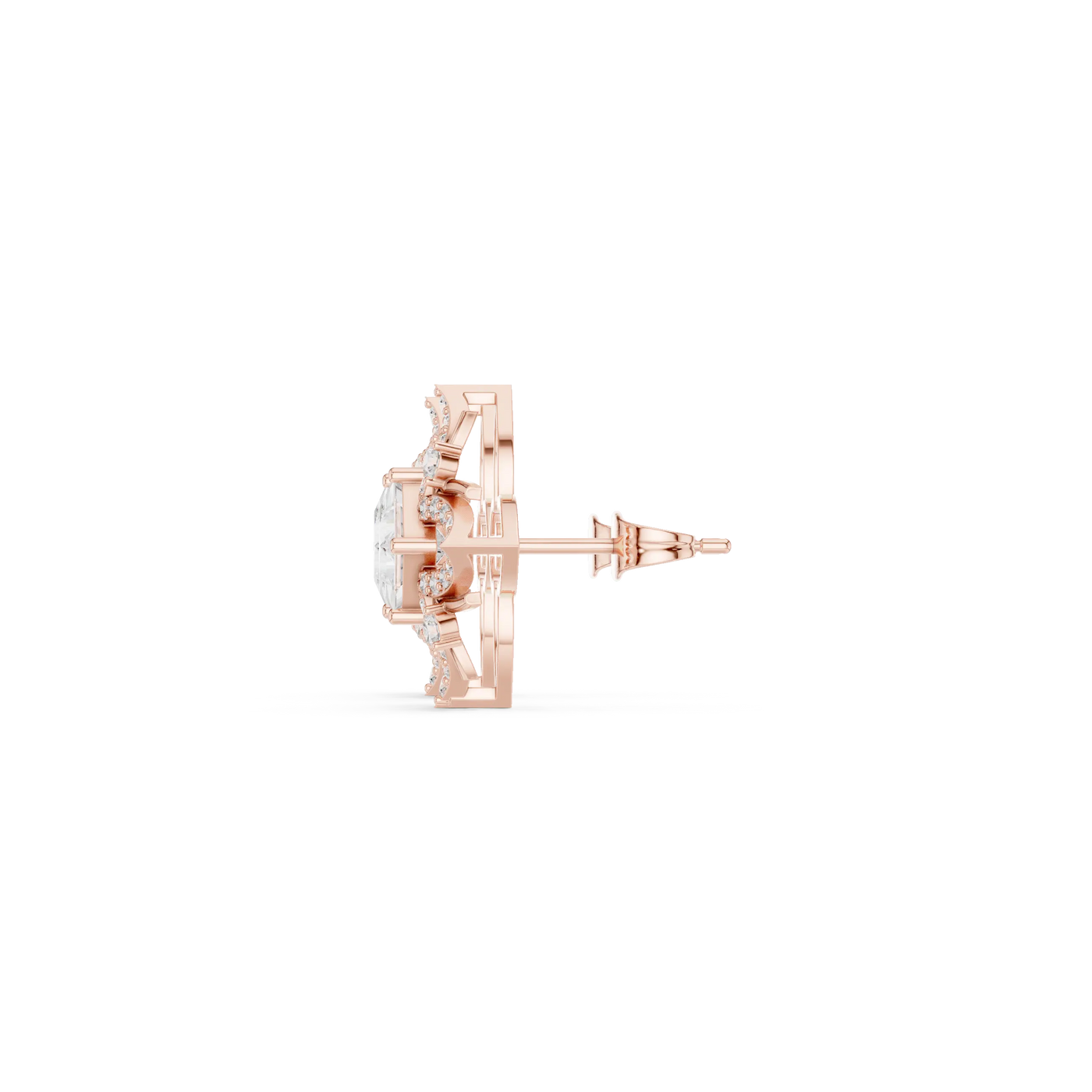Side-Profile: Round Diamond Stud with Halo Setting in 14k Rose Gold - Lab Grown - Driona Jewels
