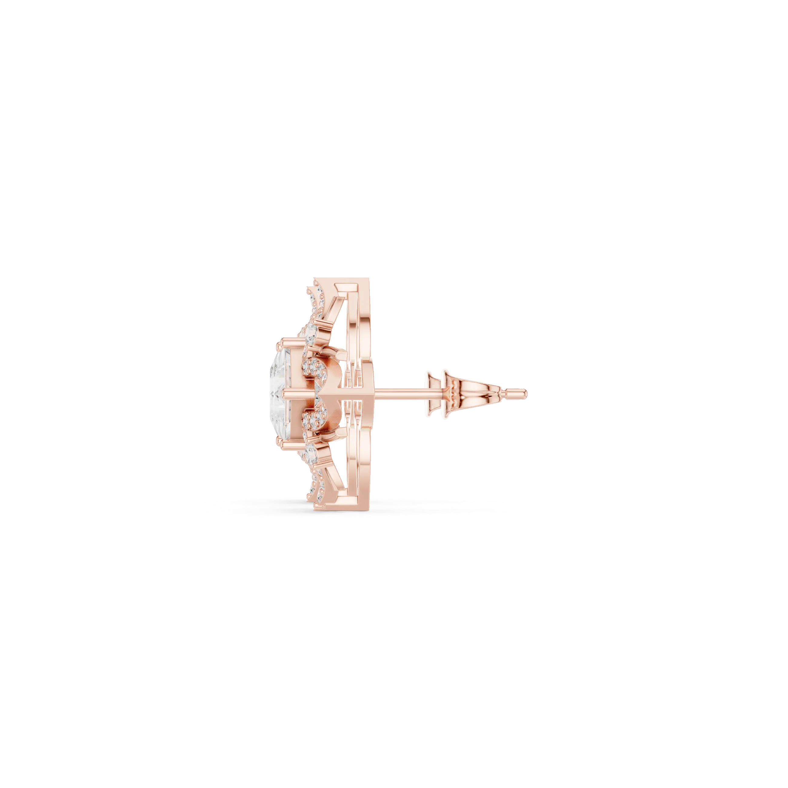 Side-Profile: Round Diamond Stud with Halo Setting in 14k Rose Gold - Lab Grown - Driona Jewels