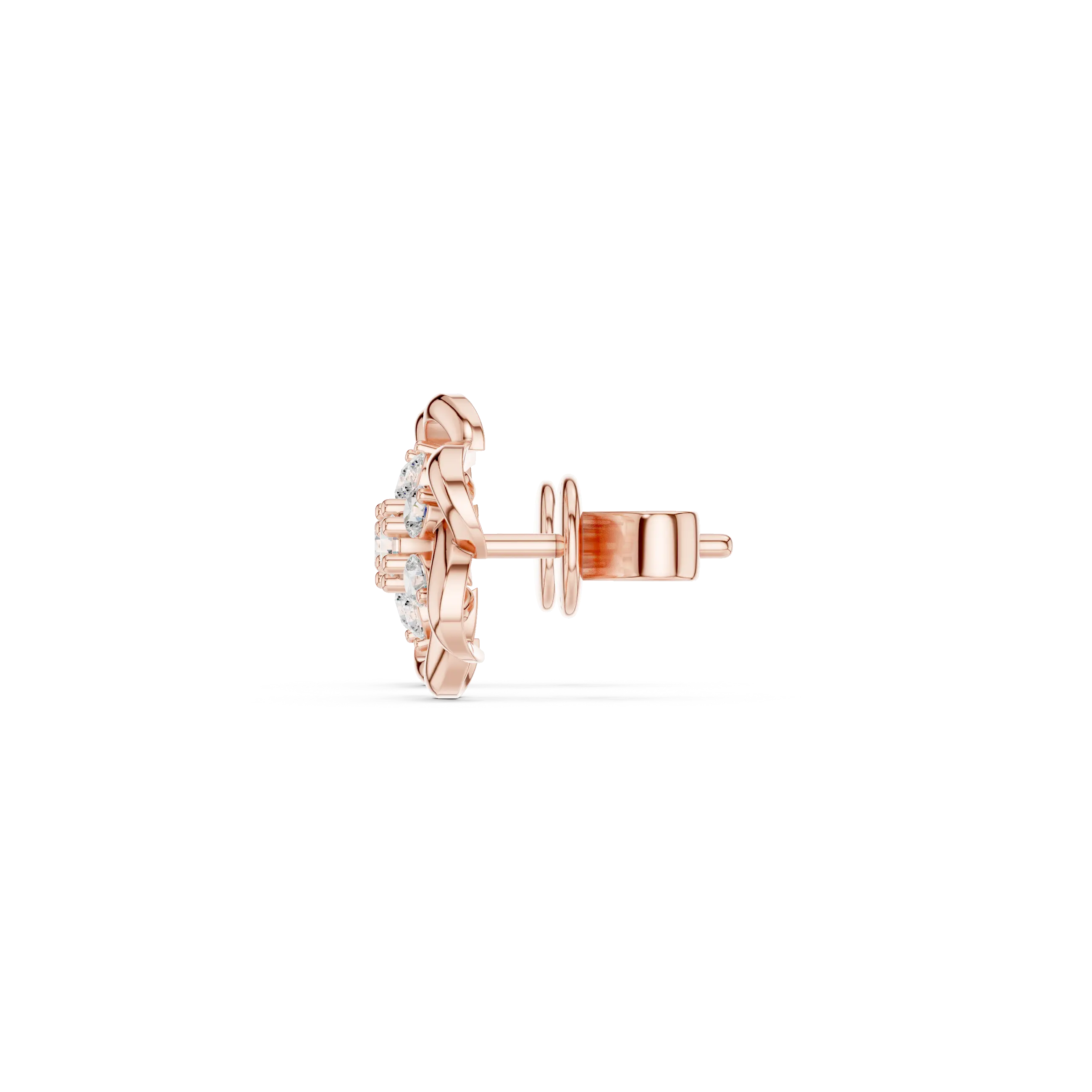 Side-Profile: Round Diamond Stud with Halo Setting in 14k Rose Gold - Lab Grown - Driona Jewels