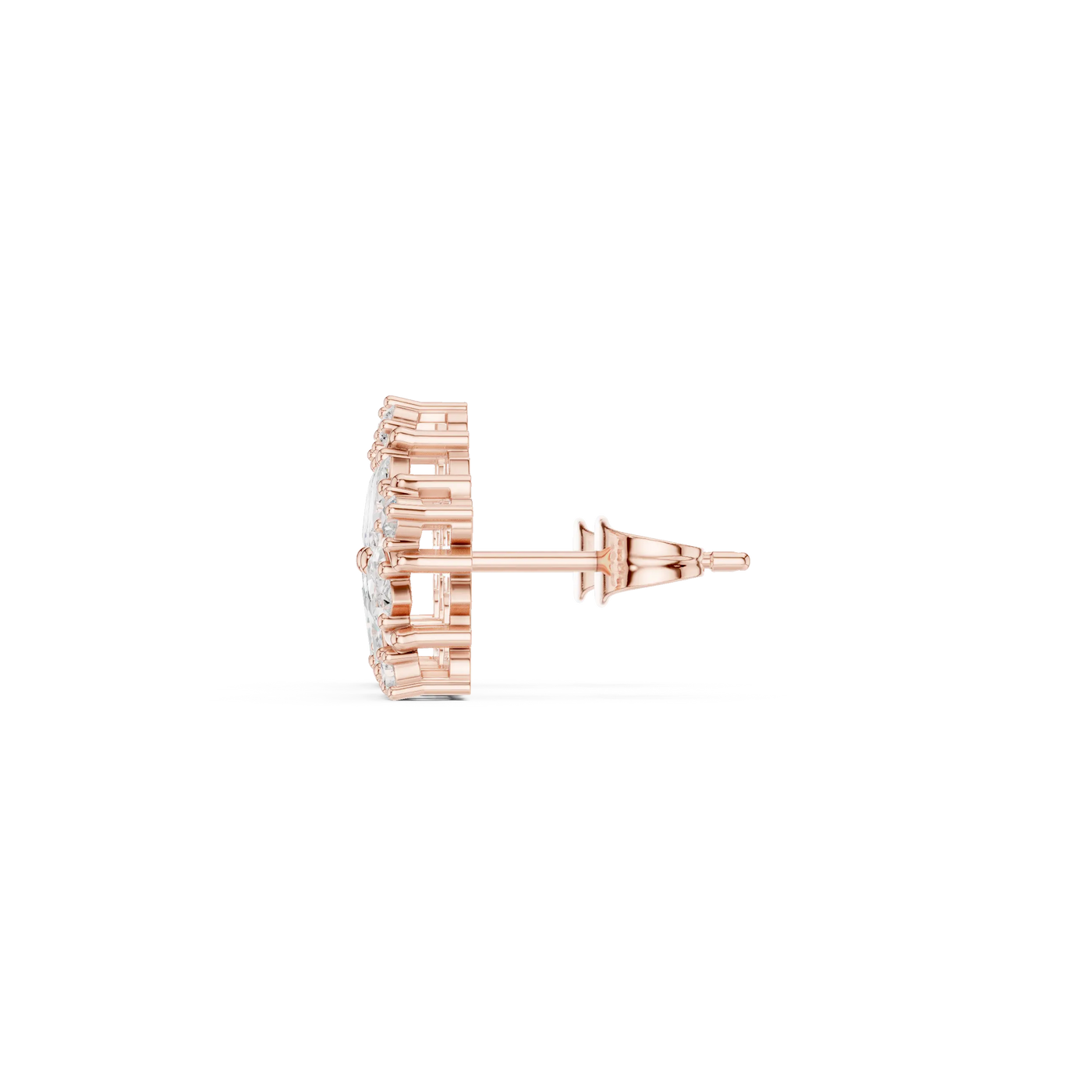 Side-Profile: Round Diamond Stud with Halo Setting in 14k Rose Gold - Lab Grown - Driona Jewels